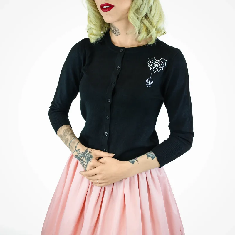 Retro Style Embroidered Webbed Heart Black Knit Cardigan #E-WHBC