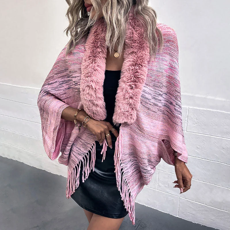 Fresh Comfort Feminine Pink Faux Fur Trim Tassel Detail Space Dye Knit Cocoon Cardigan