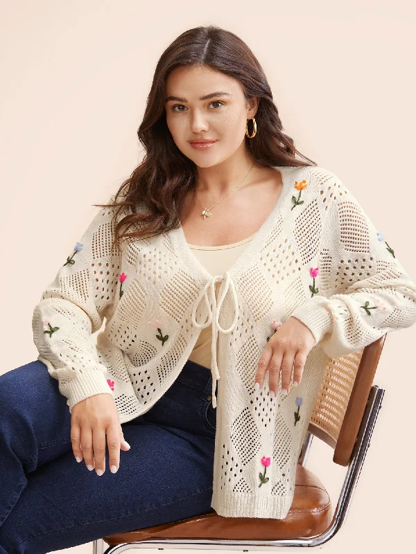 Floral Embroidered Cut Out Tie Knot Cardigan