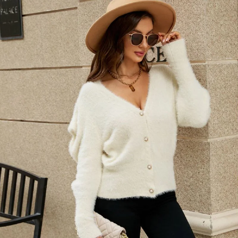 Summer Comfort Fluffy Pearl Button Puff Sleeve V Neck White Mohair Eyelash Knit Cardigan