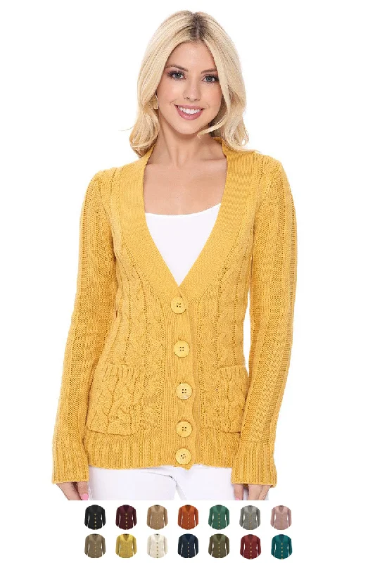 Fun and cute Women's Casual Long Sleeve Button Down Cable Knit Cardigan Sweater with Two Pockets HB3134