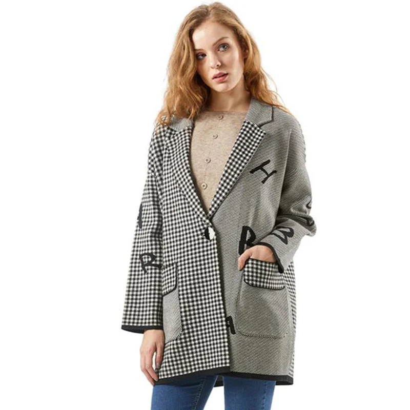 Chic Outfits Fall Winter Women Plaid Clothing Letter Knitted Spliced Sweater Loose Coat