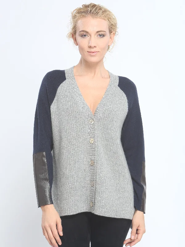 Retro Woolen Jacket Leather Cuff 2 Tone Cardigan