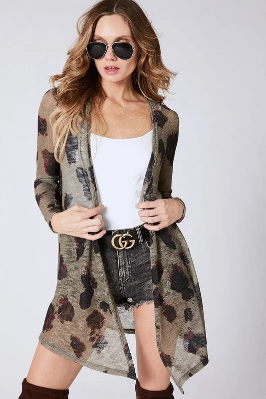 LEOPARD PRINT LOW GAUGE HACCI CARDIGAN - OLIVE