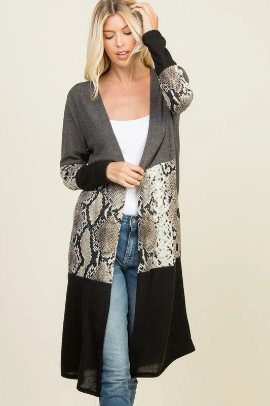 LONG SLEEVE SNAKE PATTERN COLOR BLOCK  LONG CARDIGAN