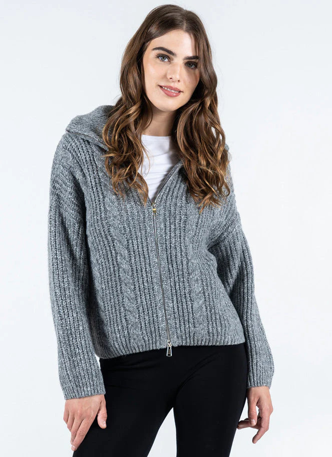 Literary Style Melange Zip Front Cardigan