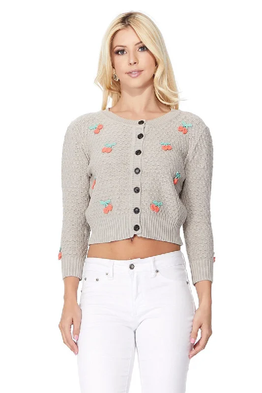 Independent design YEMAK Women's Cherry Pom Pom 3/4 Sleeve Cropped Honeycomb Knit Cardigan Sweater MK3515 (S-L)