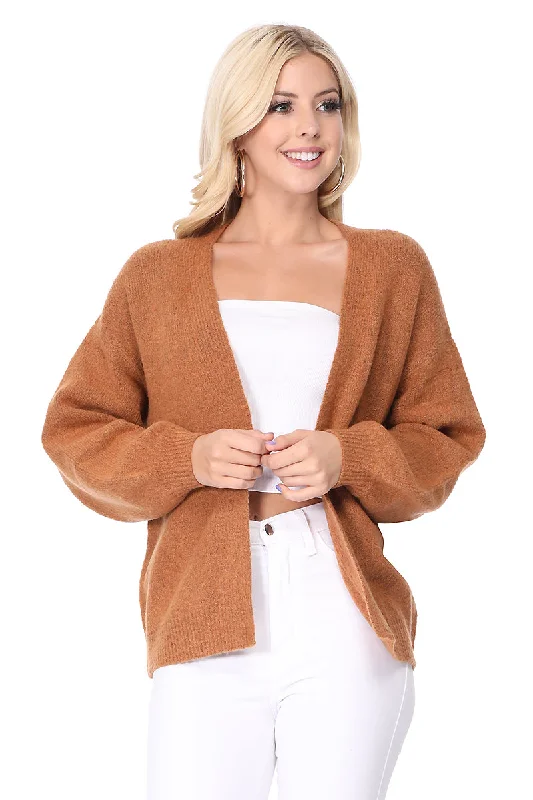 Stand-up collar design Yemak Women's Chunky Knit Long Bell Sleeve Open Sweater Cardigan MK8235