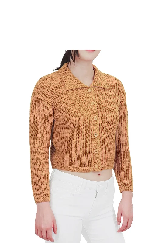 Sports High Waist Style Yemak Women's 3/4 Sleeve Button Down Collar Sweater Cardigan Knitted Jacket MK8281