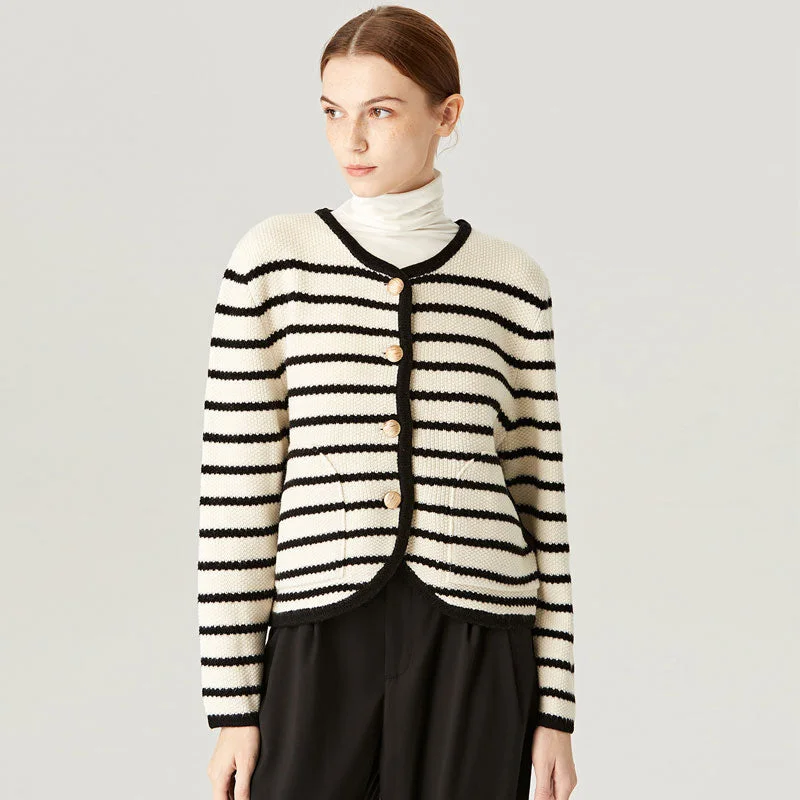 Timeless Comfort Nautical Crew Neck Button Up Wool Blend Black and Beige Striped Cardigan
