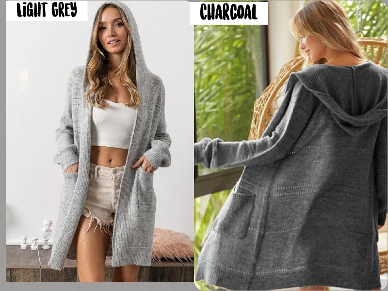 Extra long version OPEN FRONT HOODIE SWEATER CARDIGAN WITH FRONT PATCH POCKET - LIGHT GREY OR CHARCOAL