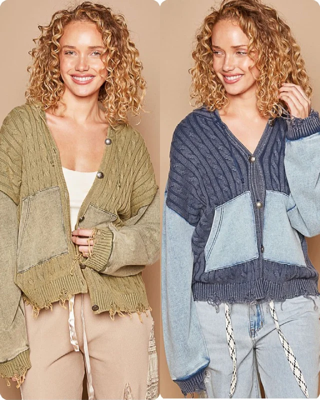 POL Vintage washed front pockets distressed cardigan - Blue Heather or Olive