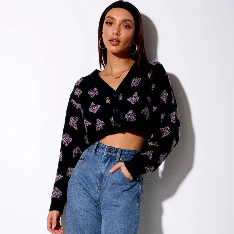All-Day Comfort Pretty Butterfly Print V Neck Drop Shoulder Cropped Black Knit Cardigan