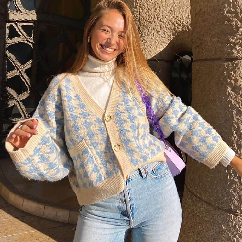 Cozy Sweaters Pretty Baby Blue V Neck Button Up Two Tone Houndstooth Knit Cardigan