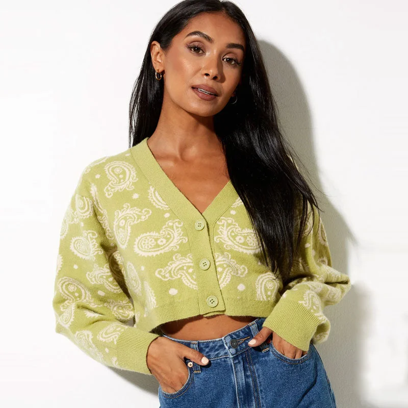Cozy Look Retro Paisley Print V Neck Drop Shoulder Long Sleeve Cropped Green Knit Cardigan