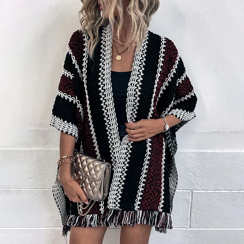 Effortless Comfort Retro Tassel Trim Multicolored Contrast Striped Textured Knit Shawl Cardigan