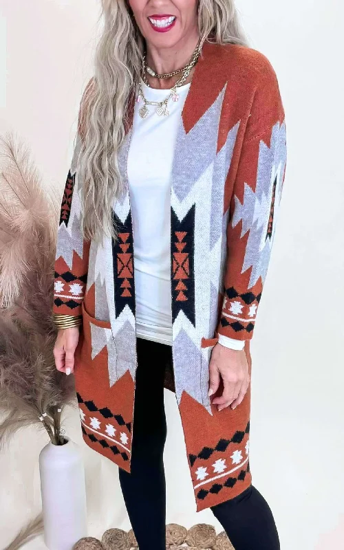 Relaxed Dresses Rust Tribal Geometric Print Long Cardigan