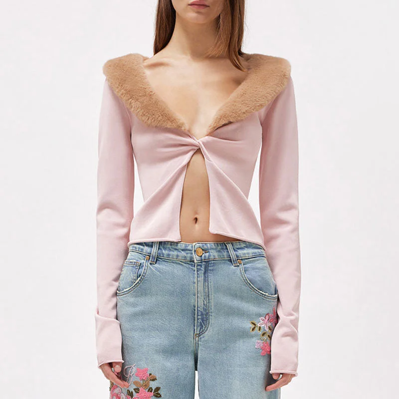 Design Must-have Sexy Faux Fur Collar Deep V Neck Twist Front Split Long Sleeve Cropped Knit Cardigan