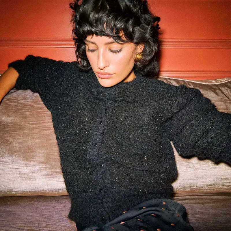 Chic Relaxation Shiny Lurex Threading Crew Neck Drop Shoulder Button Up Black Mohair Cardigan