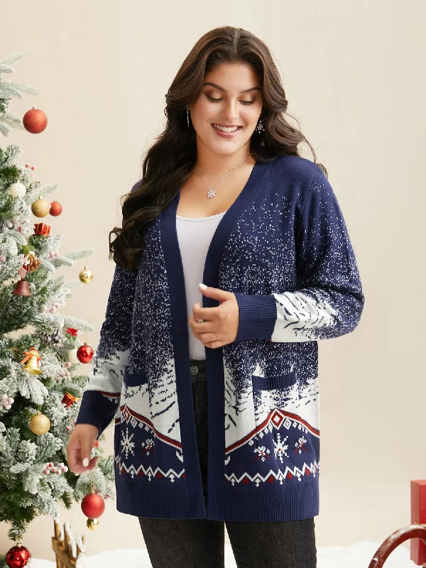 Snowy Trees Print V-neck Open Cardigan