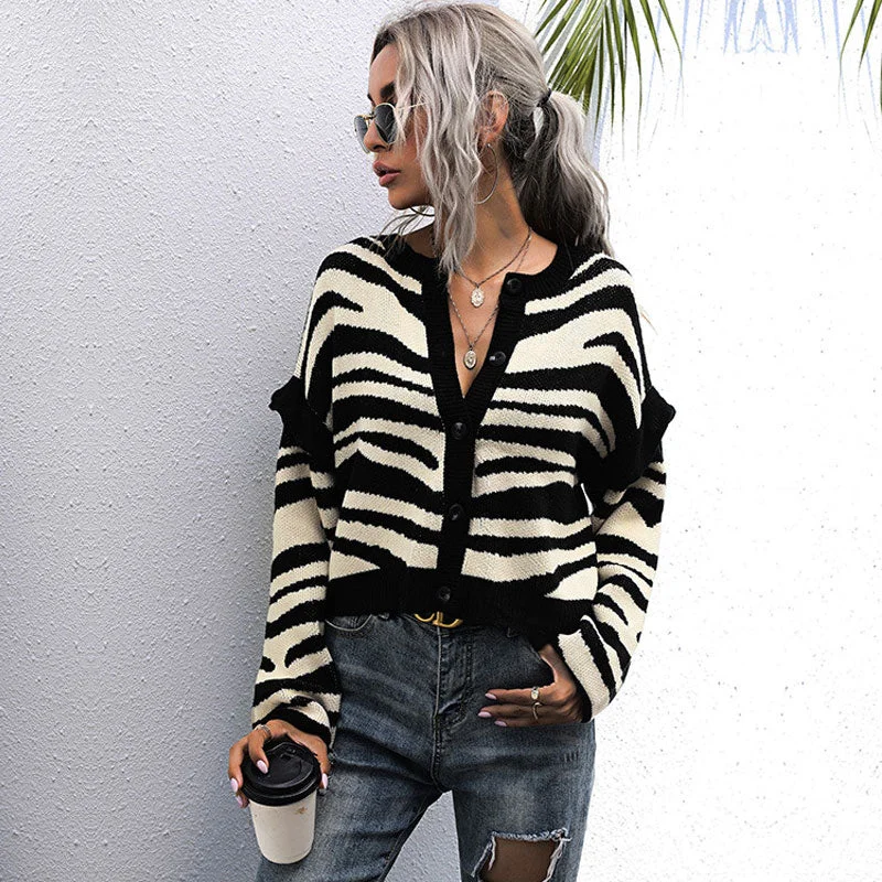 Breathable Comfort Vintage Bicolor Zebra Print Drop Shoulder Button Up Knit Cardigan