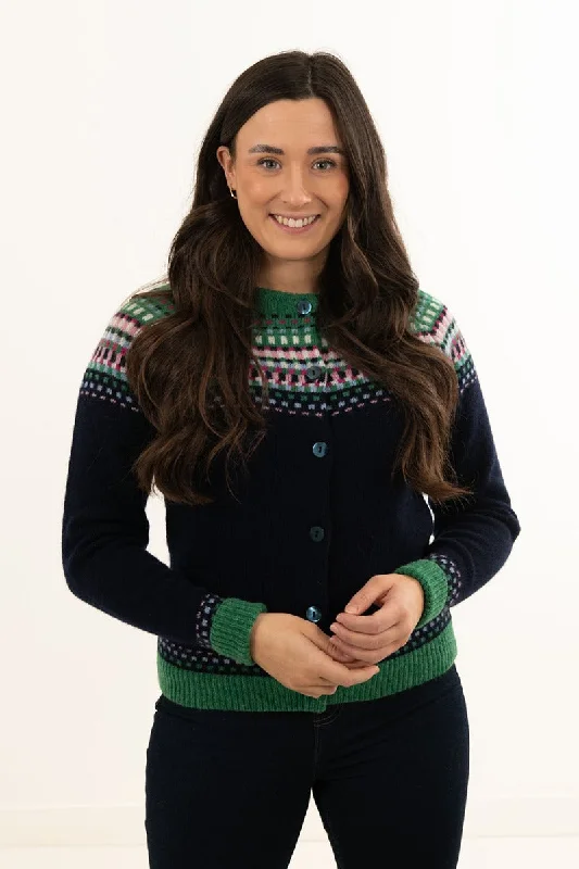 Urban Fashion Womens Building Blocks Fair isle Cardigan - Navy Blue