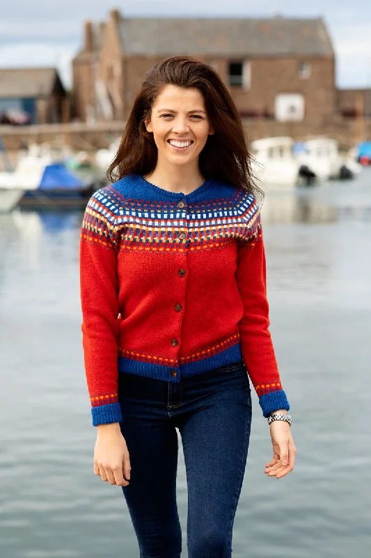 Comfy Chic Womens Building Blocks Fair isle Cardigan - Scarlet Red