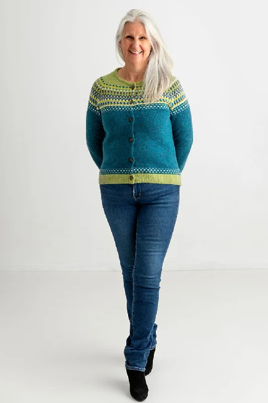 Street Style Suit Womens Building Blocks Fair isle Cardigan - teal