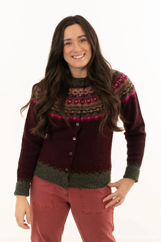 Urban Comfort Womens Crathie Fair isle Cardigan - Burgundy