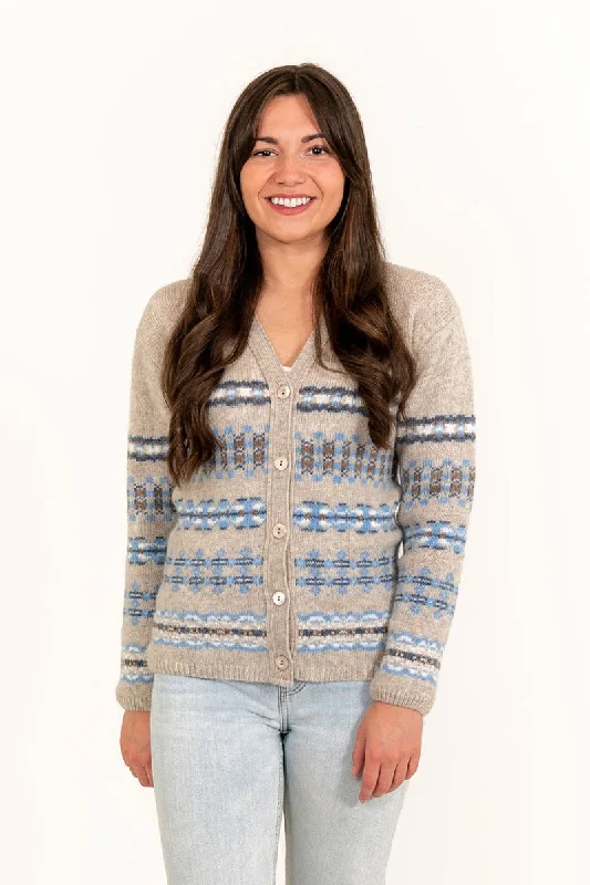 Easy Chic Womens Craigievar V-neck Fair isle Cardigan - Beige Blue