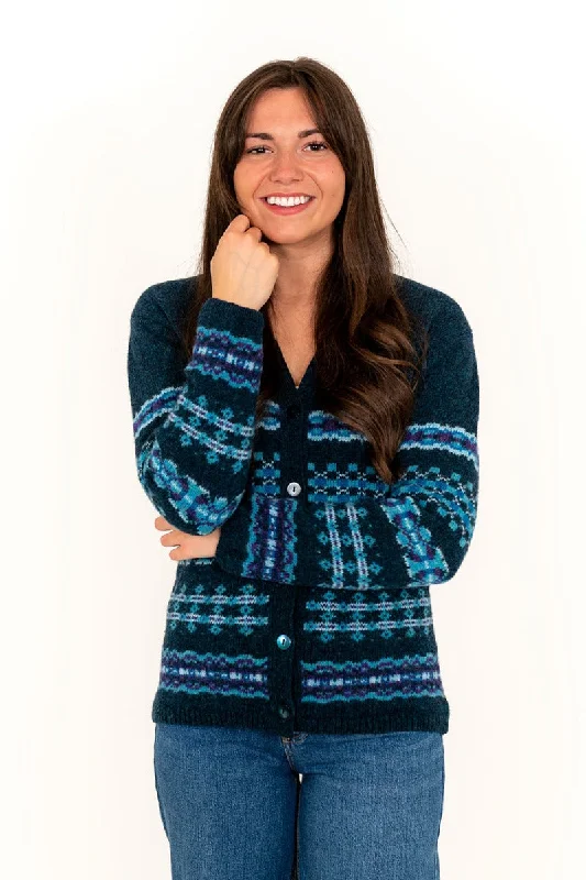 Retro Lace Fabric Womens Craigievar V-neck Fair isle Cardigan - Teal