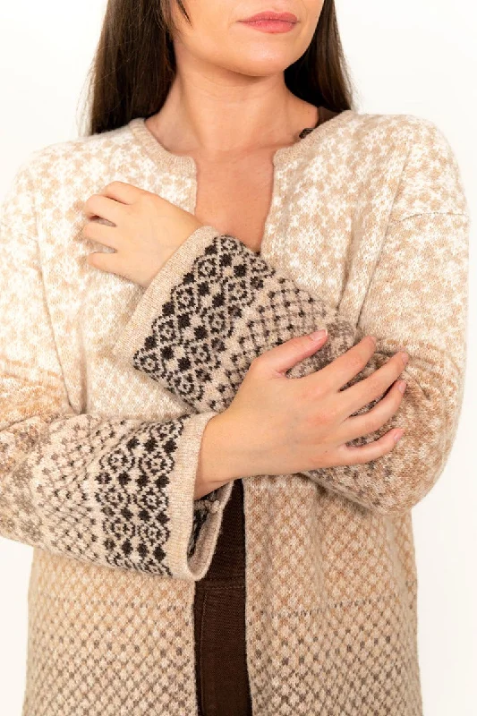 Layered Style Womens Fair isle Long Kimono Cardigan / Coatigan - Beige