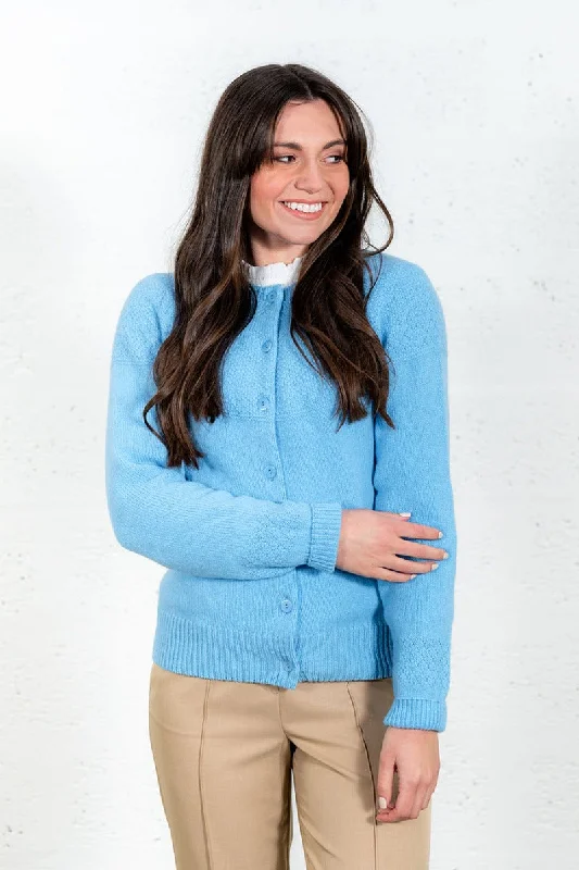 Simple Comfort Womens Geelong Superfine Lambswool Gansey Cardigan - Sky Blue