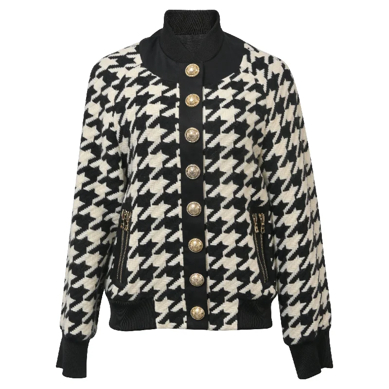 Classic Items Balmain Button-embellished Houndstooth Bomber Jacket In Black Wool
