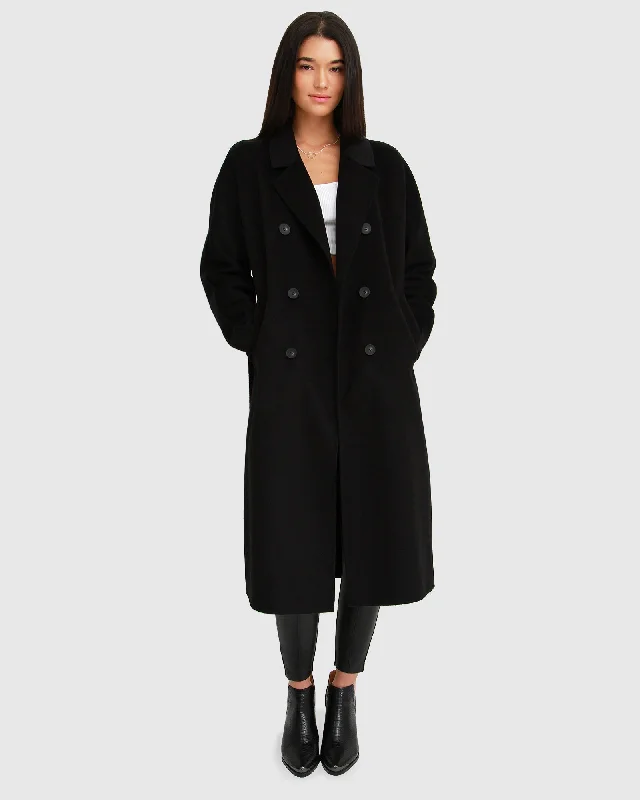 Free And Comfortable Boss Girl Double-Breasted Lined Wool Coat - Black