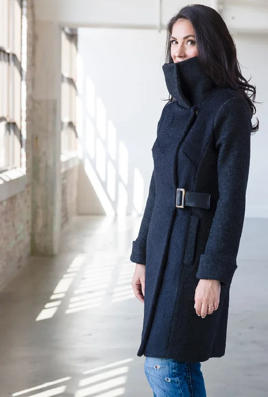 Lace Design COWL NECK COAT · black alpaca