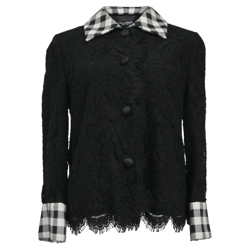 Versatile Wear Dolce & Gabbana Check Collar Lace Shirt in Black Cotton
