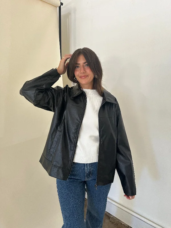 Fashion Design Needii Pepper Black Oversized Faux Leather Jacket