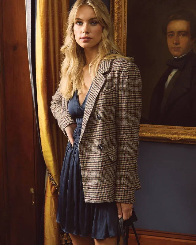British Style Piccadilly Wool Blend Plaid Blazer - Oat