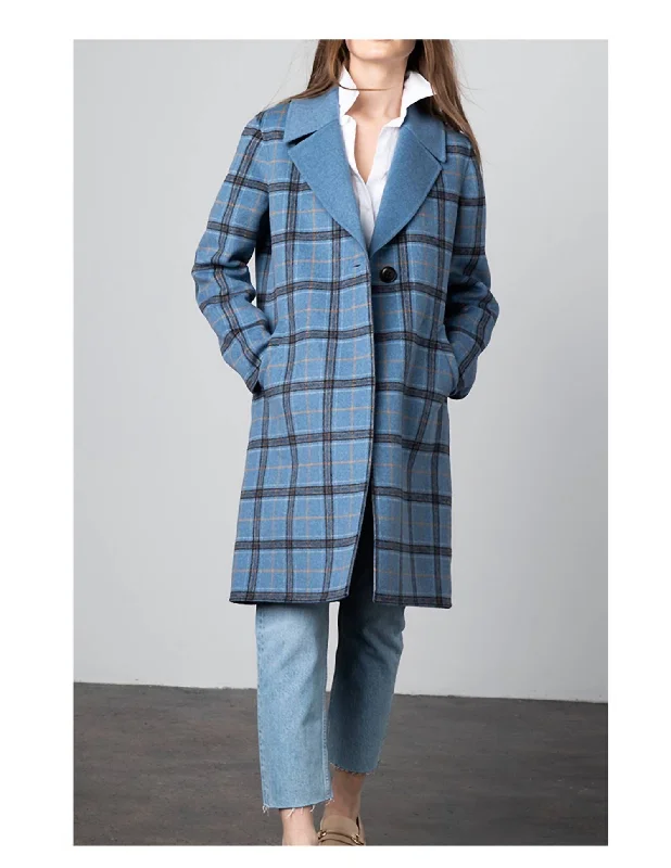 Noble And Elegant Plaid Notch Collar Coat In Blue Multi