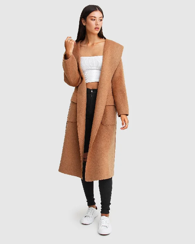 Luxury Classic Runaway Wool Blend Robe Coat - Dark Camel