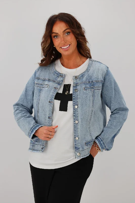 Fashionable In The Times Threadz Collarless Denim Jacket Blue