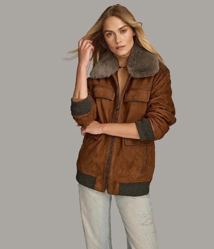Casual Elegance Chelsea Bomber With Faux Fur Collar