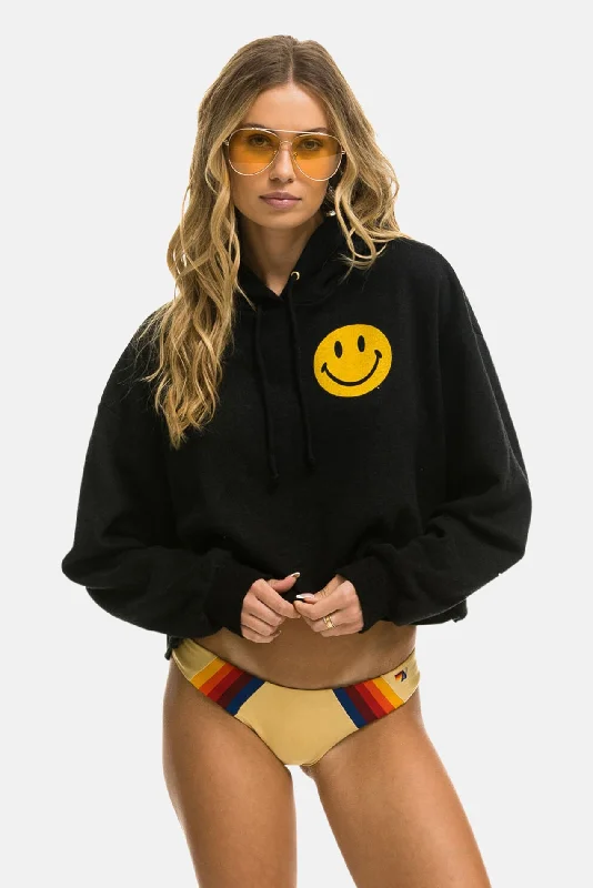 Lively And Youthful Smiley 2 Relaxed Crop Hoodie Black