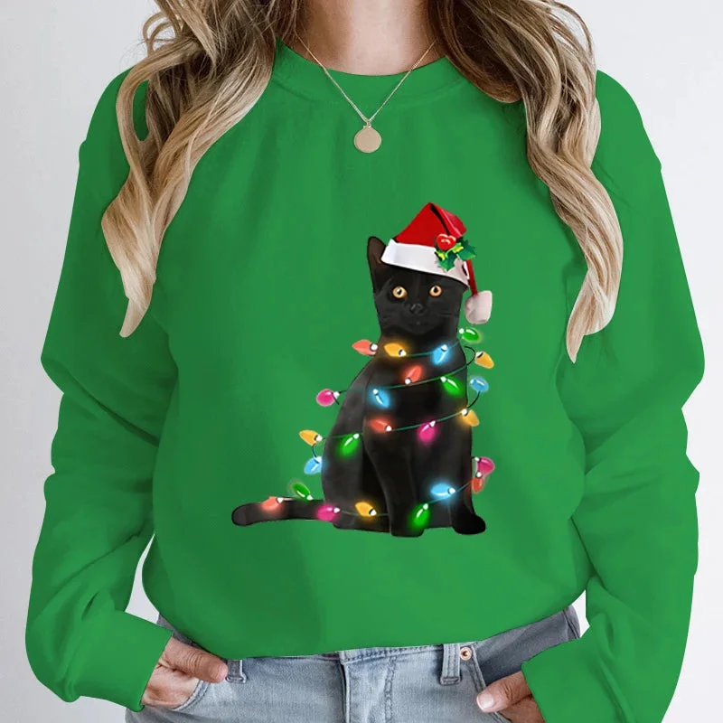 Cool Breeze At Night Black Cat Christmas Light Print Hoodie