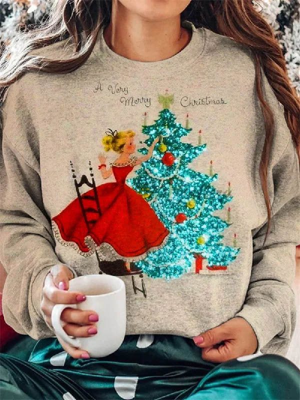 Modern City Casual Loose Round Neck Christmas Tree Hoodie for Autumn/Winter Outdoor Wear