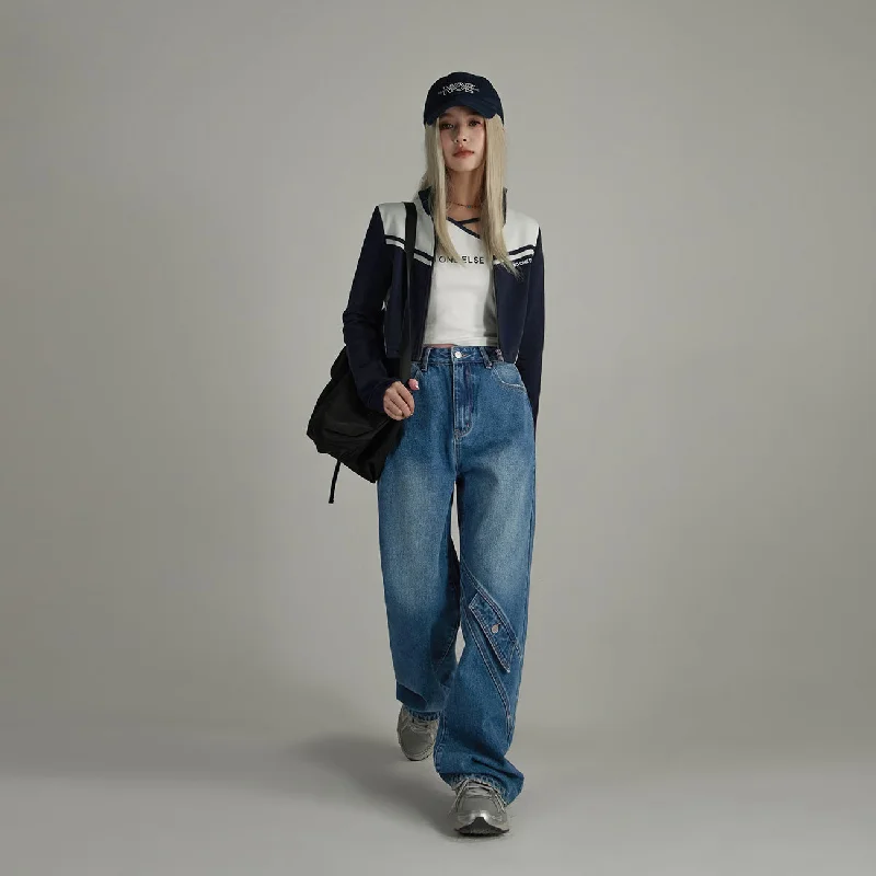 Warm And Comfortable Knee Pocket Washed Wide Straight Jeans