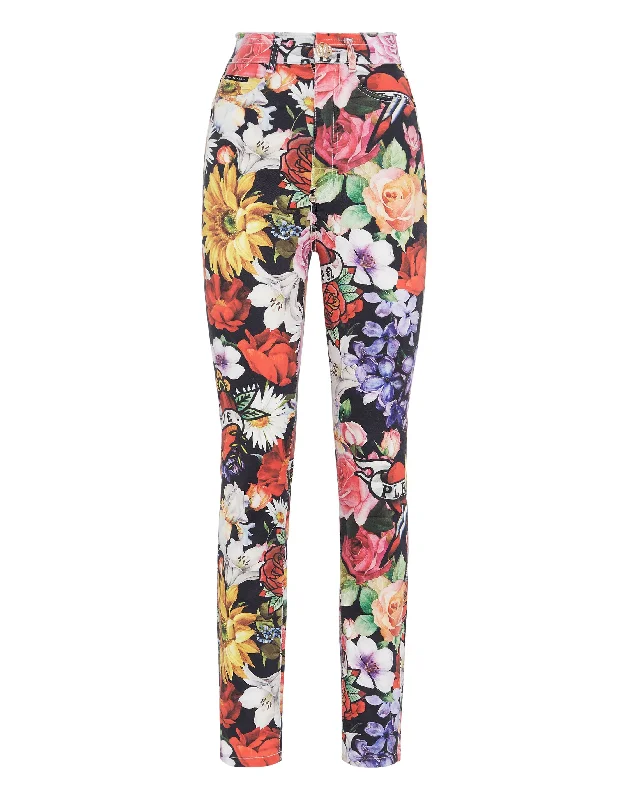 Fashionable and casual Denim Super High Waist Jeggings Love Flowers