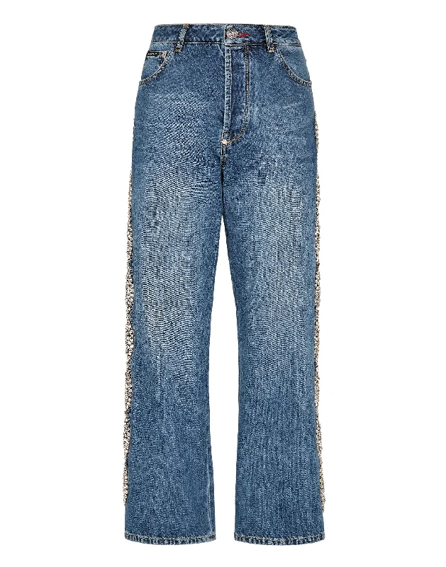 Casual And Casual Denim Trousers Loose Fit Crystal Cable