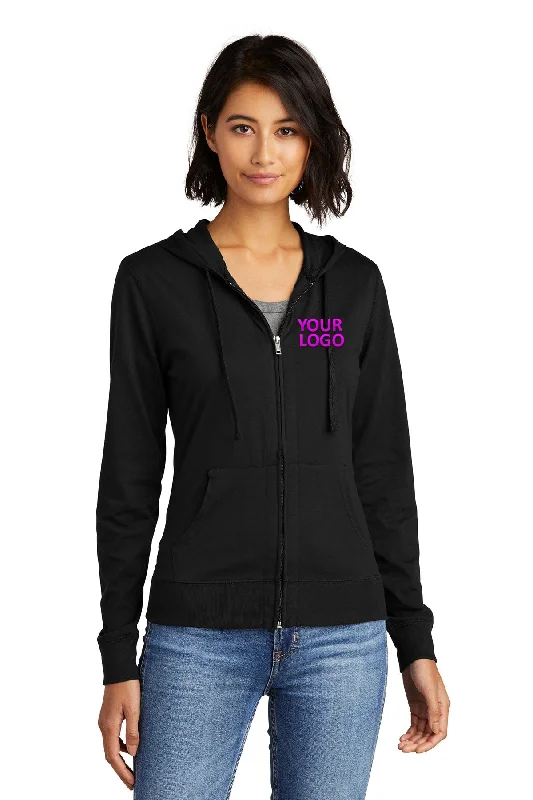 Exquisite Embroidery District Ladies Juniors Jersey Full-Zip Hoodies, Black